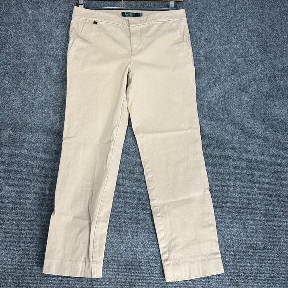 Ralph Lauren Pants Womens 4 Tan Stretch Flat Front Tapered Leg Zip Fly Pockets - Picture 1 of 8
